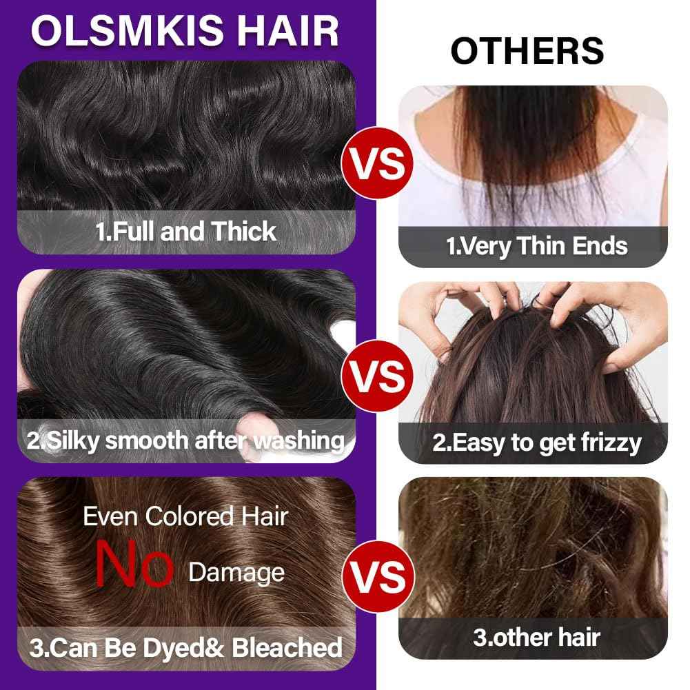 Olsmkis Body Wave HD Lace Frontal 13x4 14 Inch Ear to Ear Transparent Lace Front Closure 100% Unprocessed Brazilian Virgin Human Hair 13 x 4 Pre Plucked with Baby Hair 180% Density Natural Black