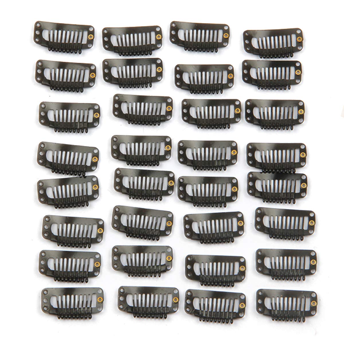 30pcs Hair Extension Clip Stainless Steel Snap Clips for Hair Extensions DIY Wig Combs Toupee Clips 9-teeth 32mm 1.2g/pc (Black)