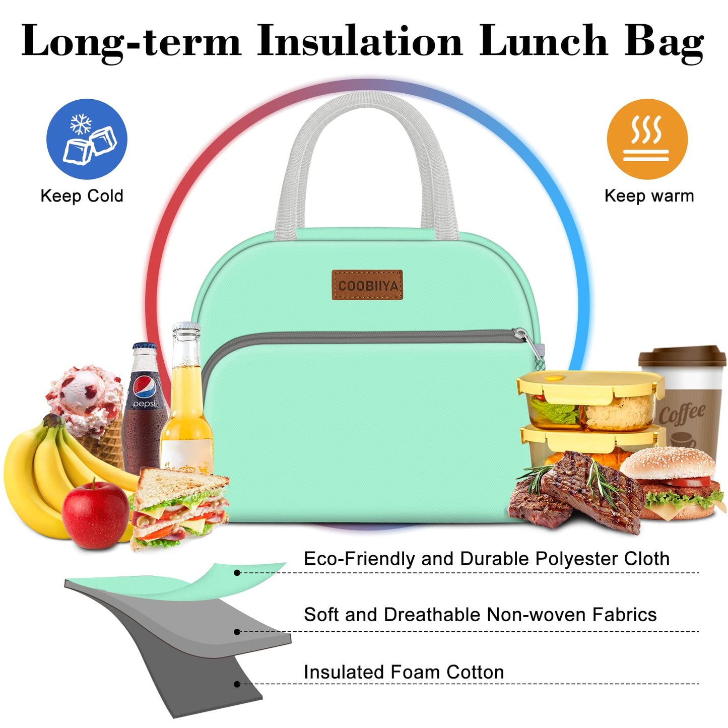 Coobiiya Lunch Bag Women, Lunch Box Lunch Bag for Women Adult Men, Small Leakproof Cute Lunch Tote Large Capacity Reusable Insulated Cooler Lunch Container for Work/Office/Picnic/Travel-Green