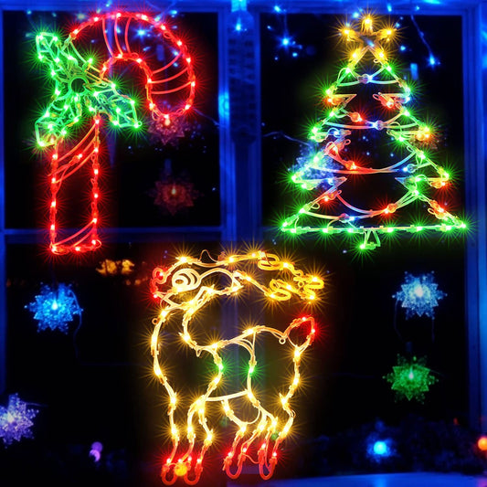 16" Christmas Window Silhouette Lights Decorations, 3 Pack Christmas Window Hanging Lights for Holiday Wall Indoor Window Decorations(Reindeer, Tree and Candy Cane)