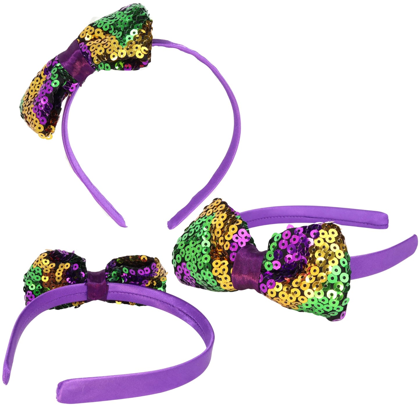 Needzo 2024 Mardi Gras Glitter Bow Headband, Purple, Green, and Gold Parade, Party Hair Accessory One Size (Headband + Earrings + Bowtie)