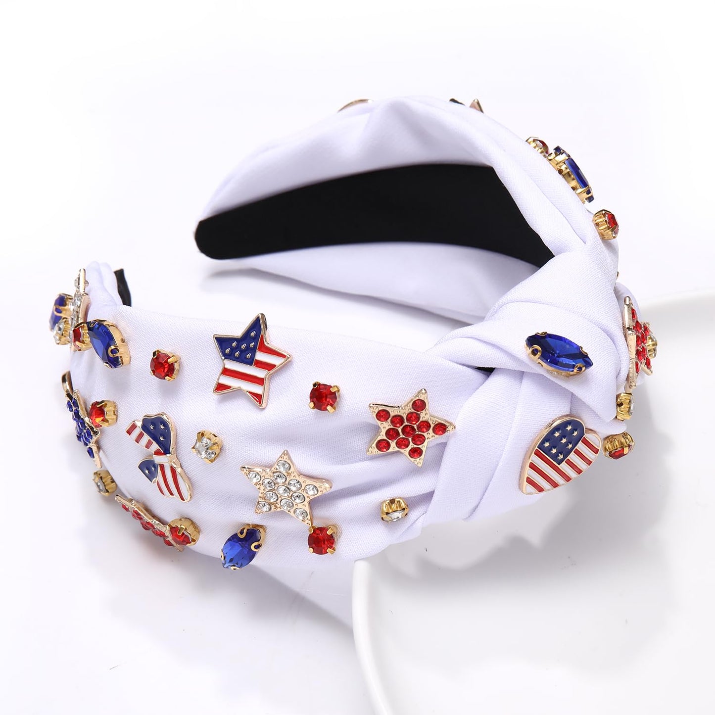 4 th of July Headband for Women American Flag Knottted Headband Star USA Charm Fourth of July Patriotic Headband Headpiece Red White and Blue Crystal Top Knot Wide Hairband Hair Accessories Gift (white patriotic headband)