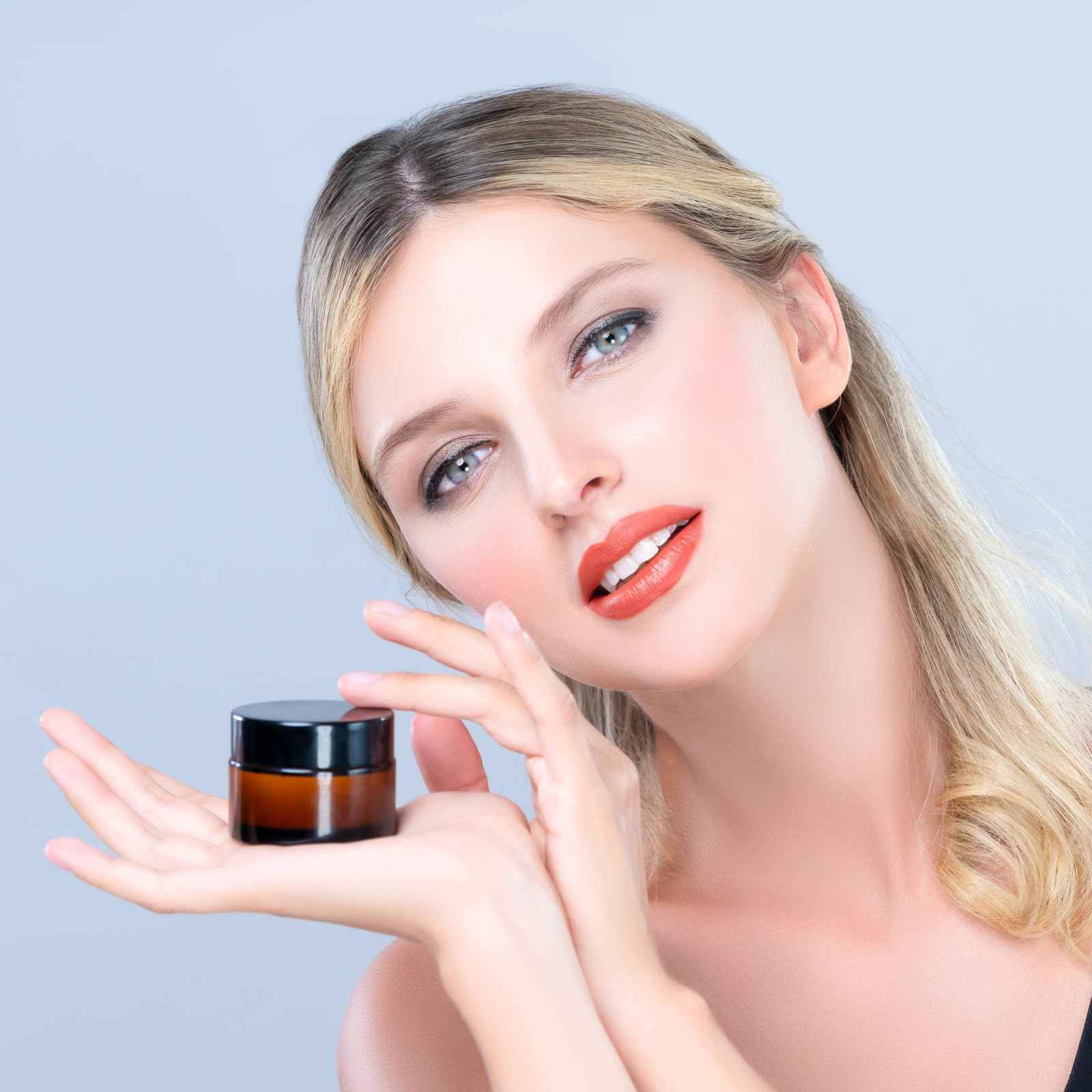 3 Pack 2 oz Amber Glass Jars with lids, Cosmetic Jars with Inner Liners and Black Lids, Lotion Jars, Candle Making Jars for Lotions, Scrubs and Cosmetic, Lables and Spatulas Include