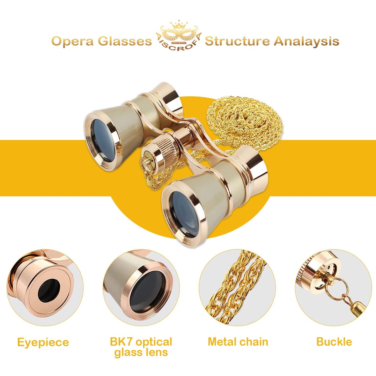 AiScrofa Opera Glasses Binoculars 3X25,Mini Binocular Compact Lightweight,with Chain for Adults Kids Women in Musical Concert (Gold with Chain)