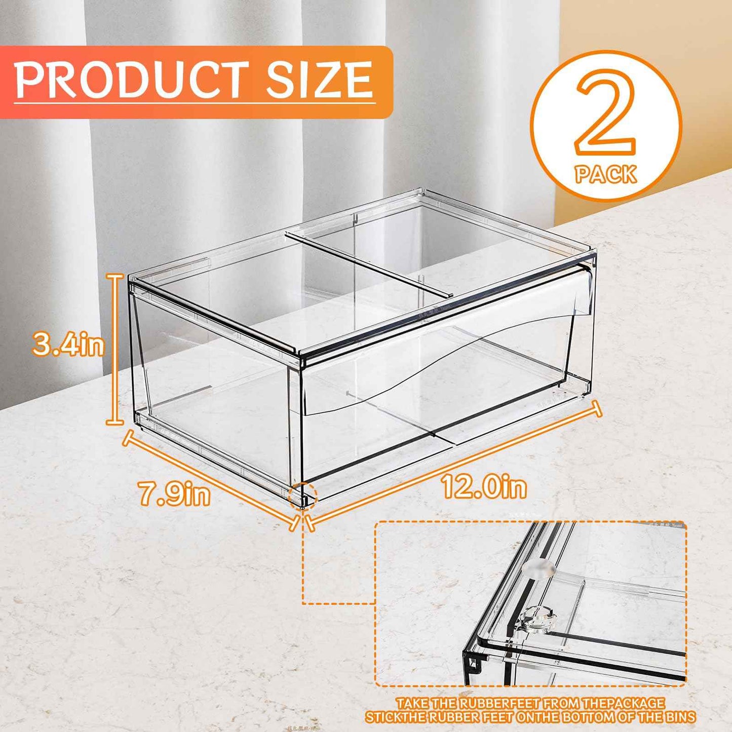 2 Pack Clear Stackable Storage Drawers,12"W Large Bathroom Makeup Organizer and Pen,Sunglass,Medicine,Baby Bottle Organizer,Plastic Pull Out Storage Bins,for Desk,Under Cabinets,Vanity Countertop