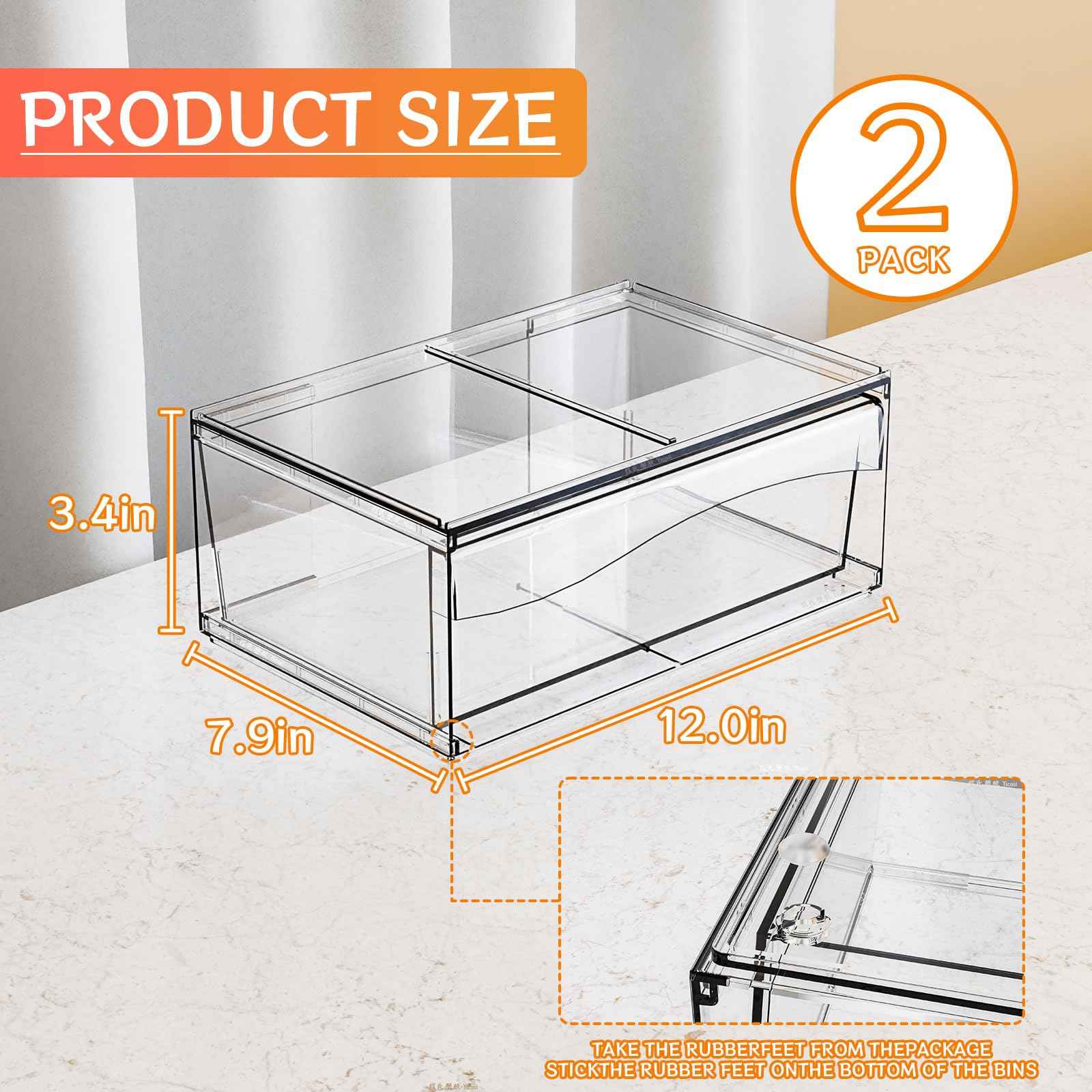 2 Pack Clear Stackable Storage Drawers,12"W Large Bathroom Makeup Organizer and Pen,Sunglass,Medicine,Baby Bottle Organizer,Plastic Pull Out Storage Bins,for Desk,Under Cabinets,Vanity Countertop