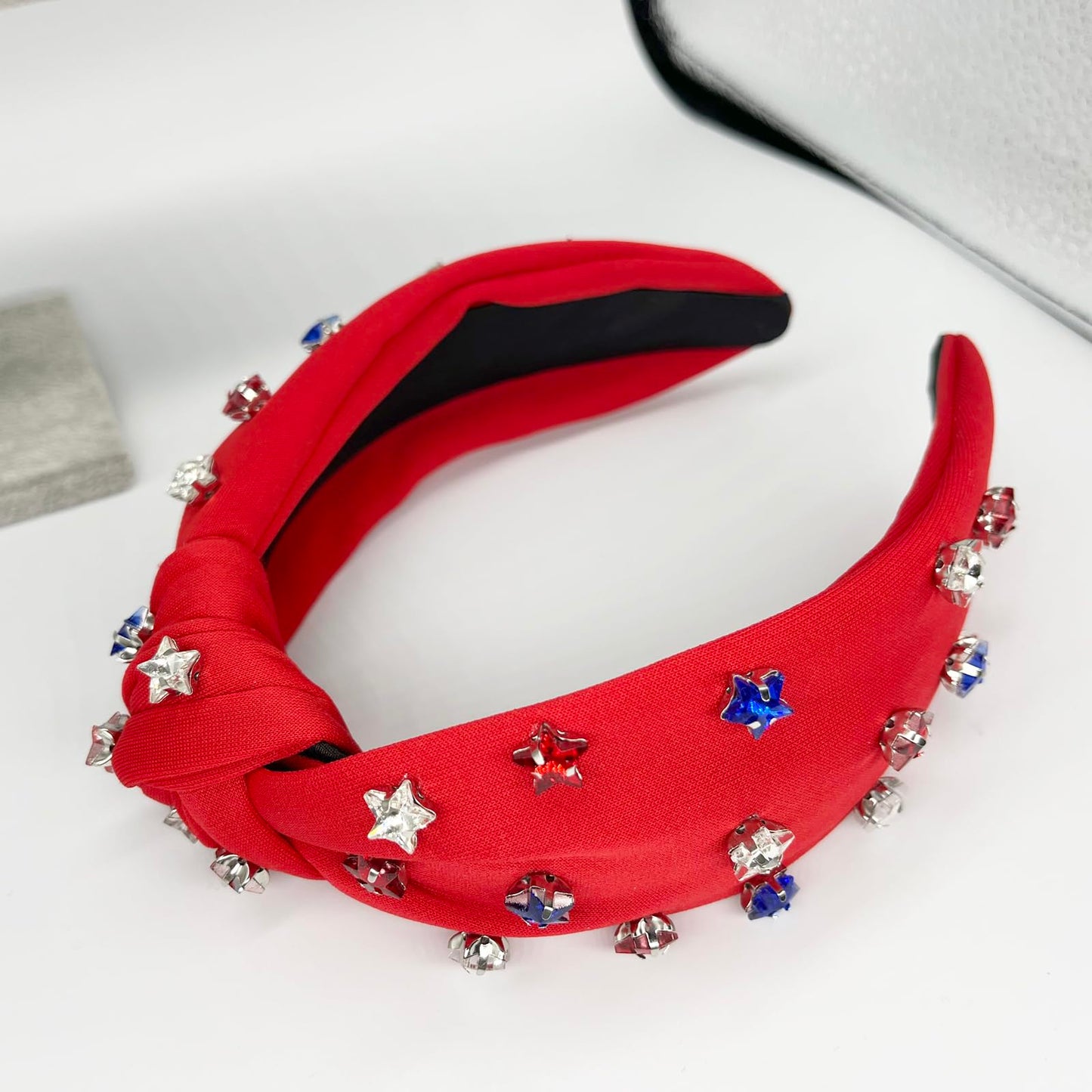 SZJULR 4th of July Headband Pearl Crystal Knotted Women Star Rhinestone Hairband American Flag Wide Blue White Red Patriotic Fashion Holiday Top Knot Independence day Headbands