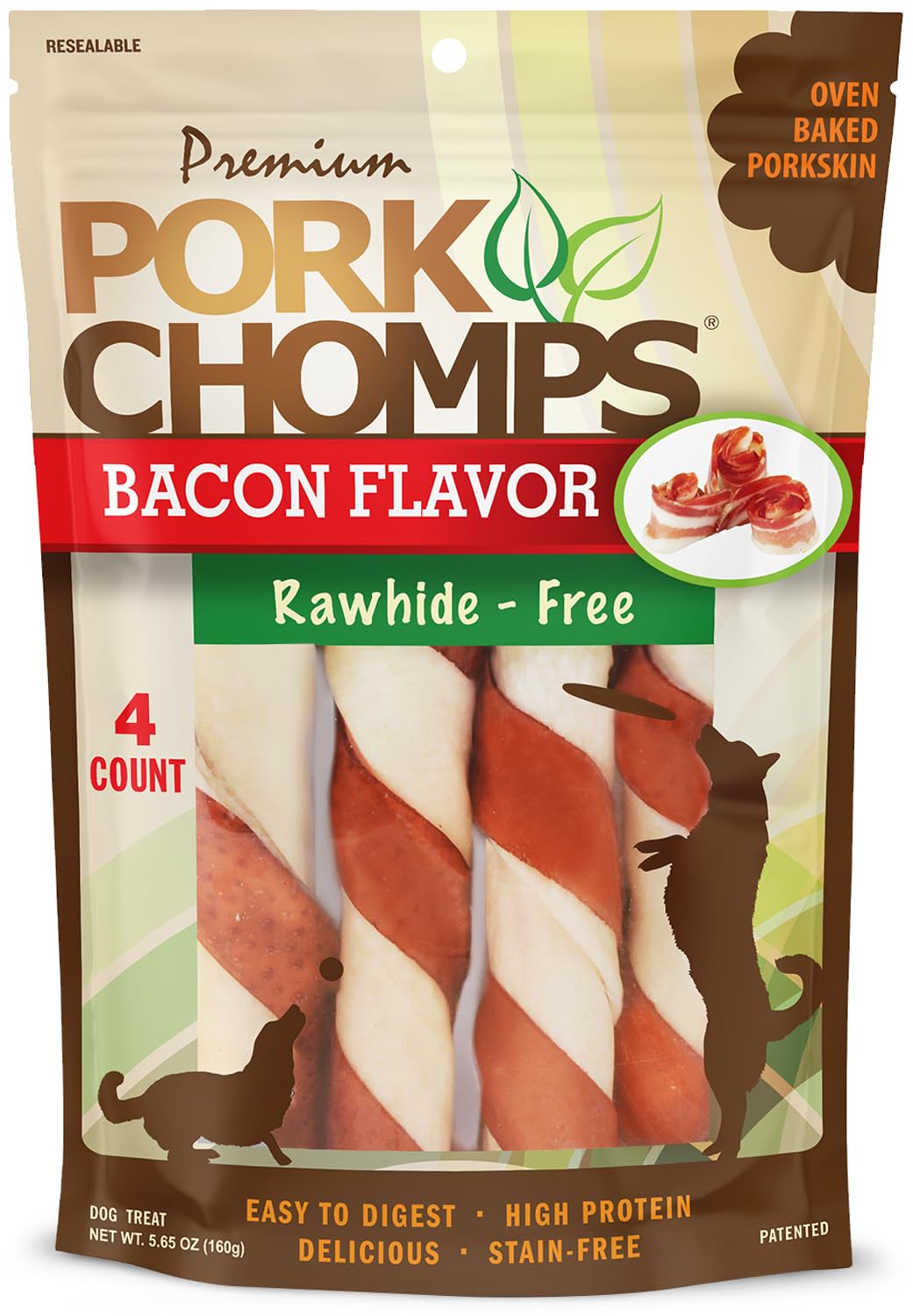 Pork Chomps Baked Pork Skin Dog Chews, 6-inch Twists, Bacon Flavor Wrap, 4 Count