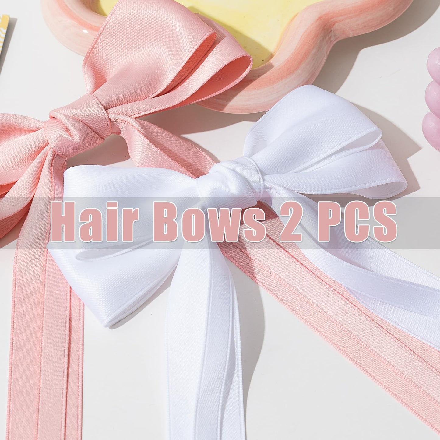 Large Hair Bows 2 PCS Ribbon Bow for Women,Hair Bows for Women,Oversized Long-tail Cute Aesthetic Hair Accessories,Large Hair Barrettes for Women,Big Bows for Girls（white, pink）