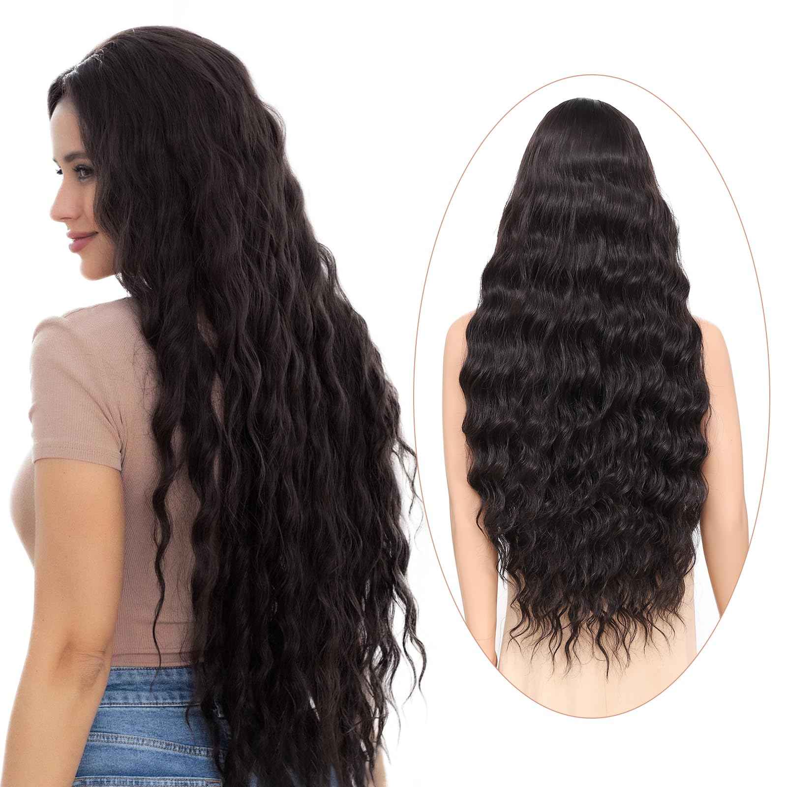 Atohallan Long Dark Brown Wig for Women 36 inch Super Long Water Wavy Wigs Heat Resistant Synthetic Soft Wavy Fluffy Curly Wig for Daily Party Use Halloween Wig