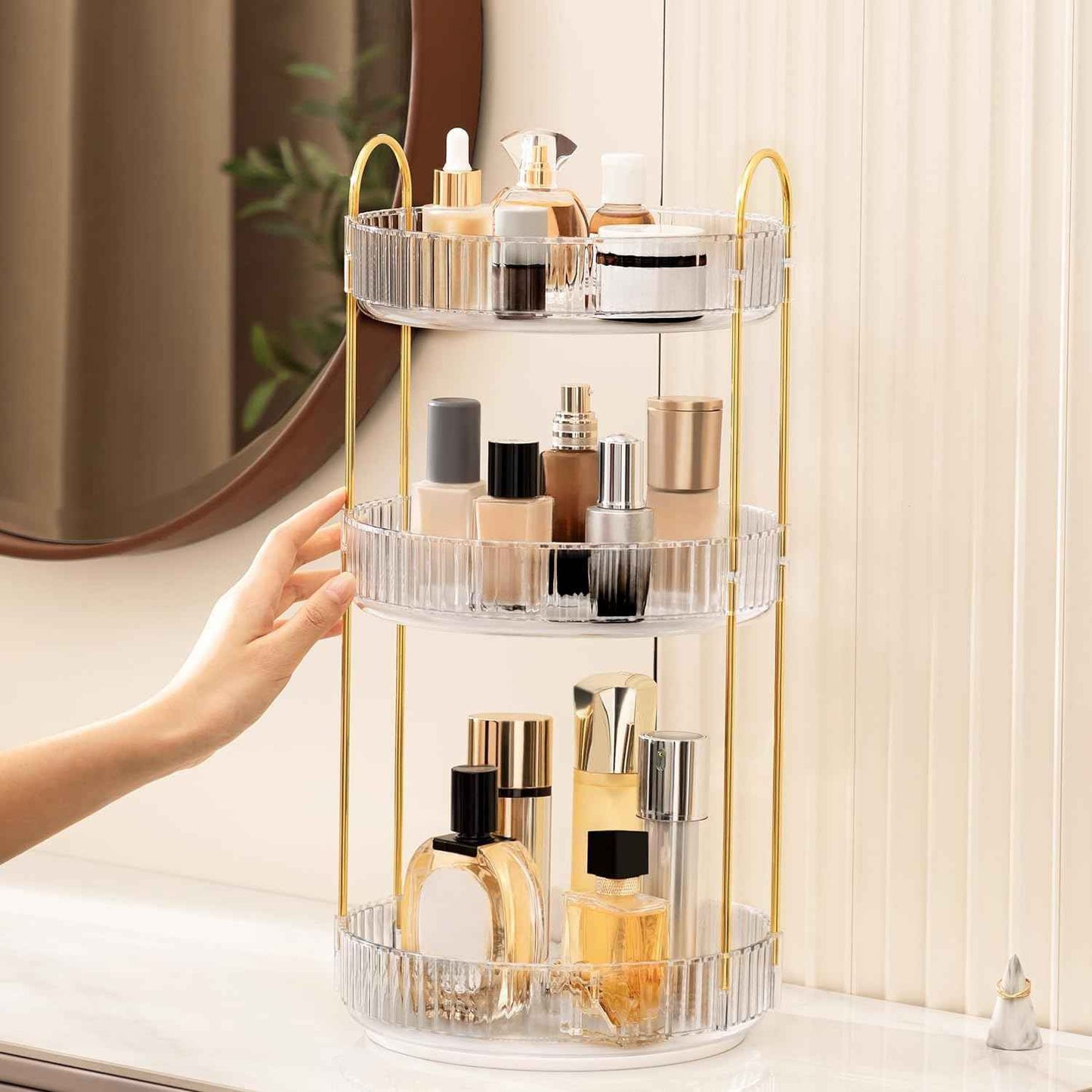 HBlife 360° Rotating Makeup Organizer, 3 Tier Spinning Perfume Skincare Organizer Large Capacity Cosmetic Storage for Bathroom, Vanity, Countertop, Clear