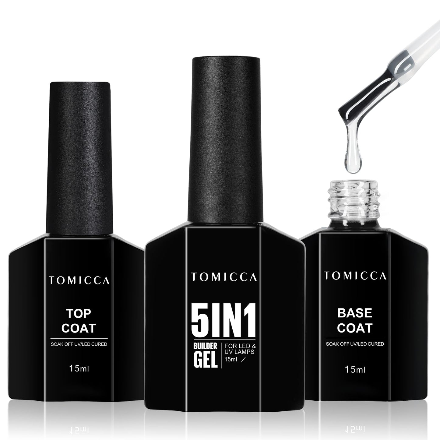 TOMICCA Super Strong Gel Nail Glue Acrylic Nails, Gel Nail Glue Easy Application Long Lasting Clear Glossy No Wipe, Nail Glue for Press on Nails Gel Nail Glue Curing Needed(Builder&Base&Top 15ml)