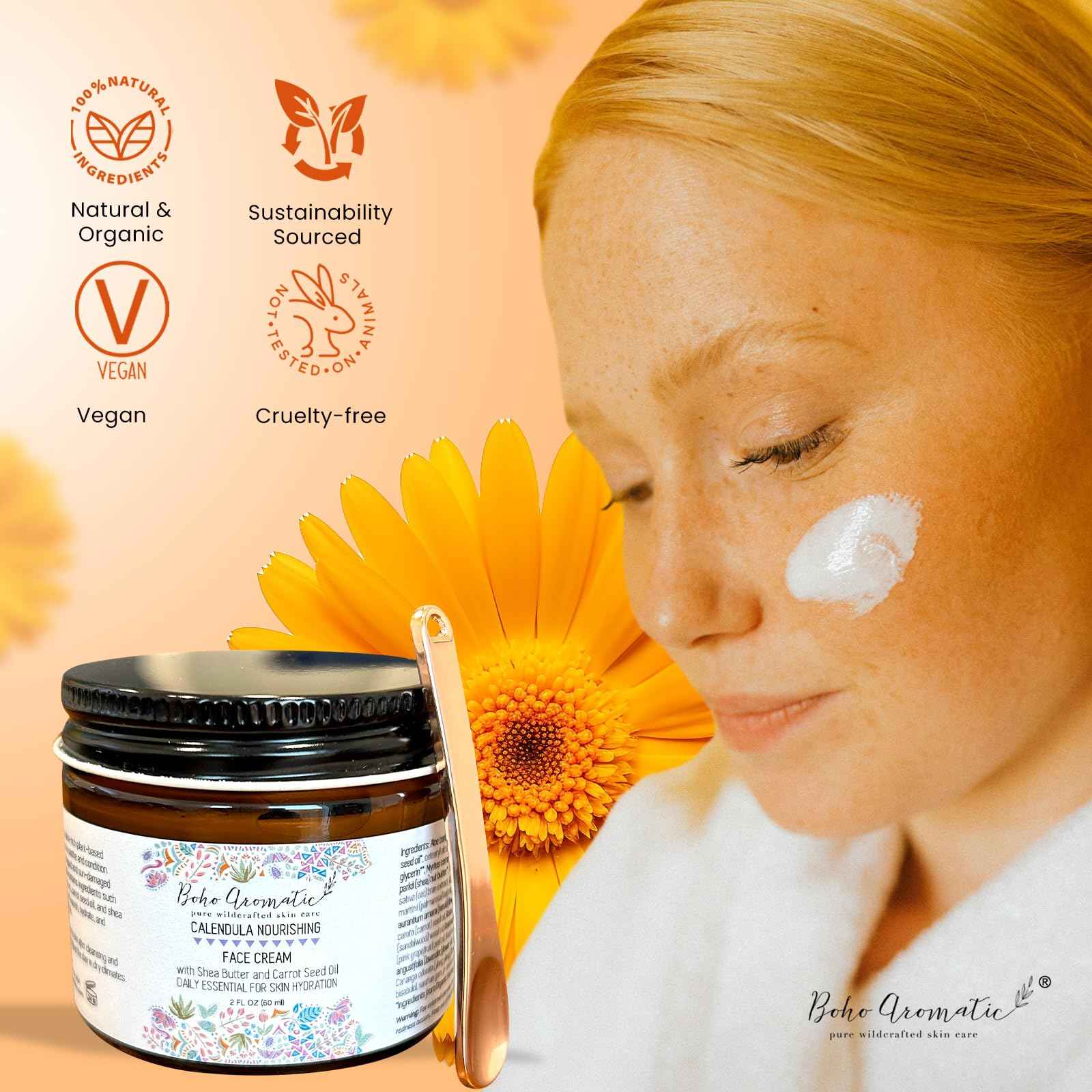 Boho Aromatic Calendula Nourishing Face Cream for Dry Skin, Natural & Organic Facial Cream, Hydrating and Moisturizing skin care product, Vegan Face Cream, calendula face cream, Facial Moisturizer