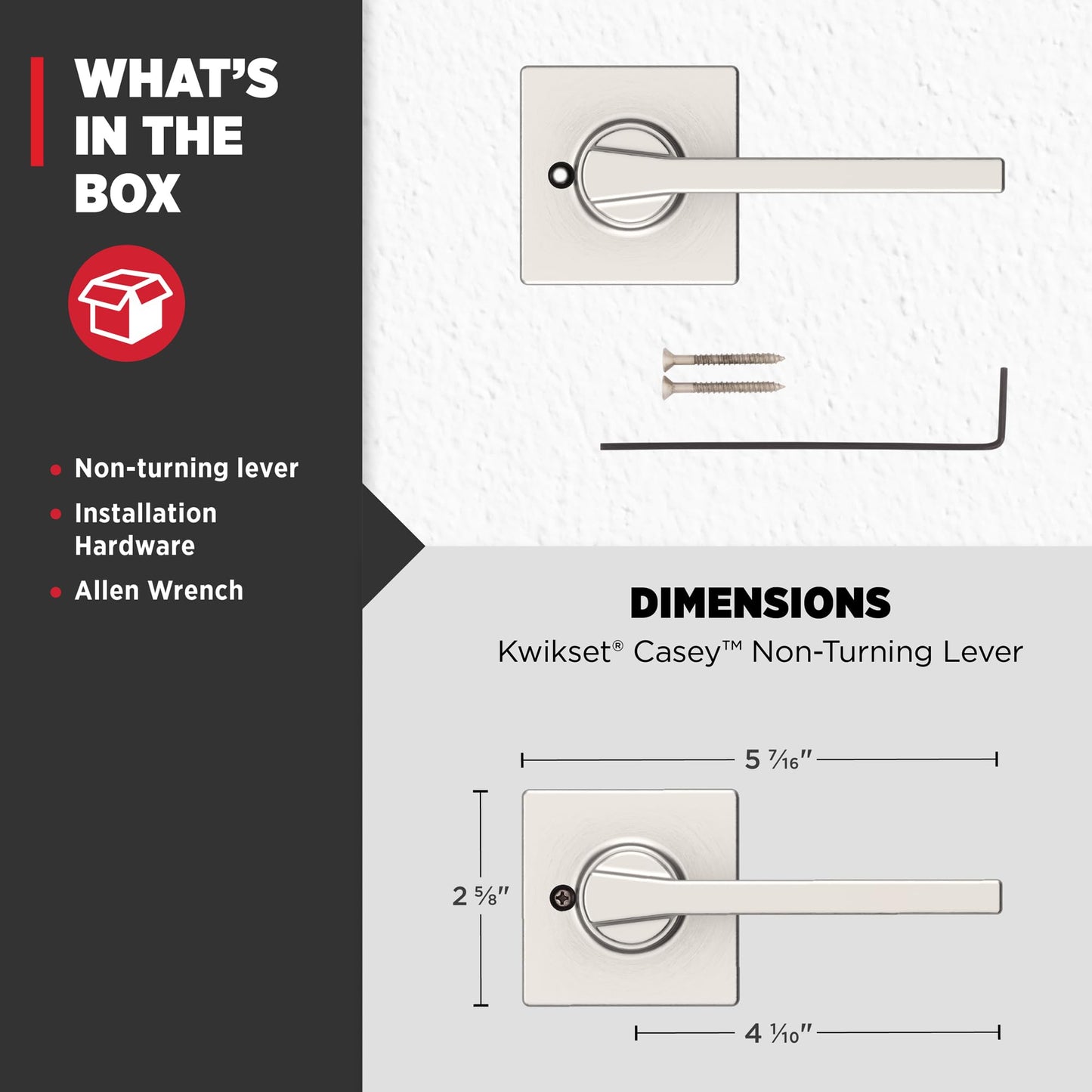 Kwikset Casey Dummy Door Handle, Single Sided Lever for Closets, French Double Doors, and Pantry, Satin Nickel Non-Turning Reversible Interior Push/Pull Lever, with Microban Protection