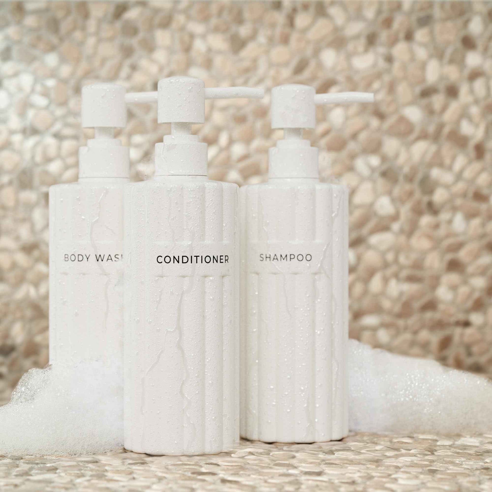 Stylish Shampoo and Conditioner Dispenser Set of 3 - Modern 19oz Shower Soap Bottles with Pump and Labels - Easy to Refill Body Wash Dispensers for an Instant Bathroom Decor Upgrade