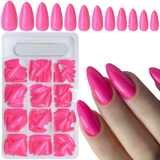 Bellelfin 360pcs Almond Press on Nails, Medium Length Fake Nails Glossy Hot Pink False Nails Acrylic Nails Press Ons with 10 Sheets Adhesive Tabs for Women Girls Fingernails Design