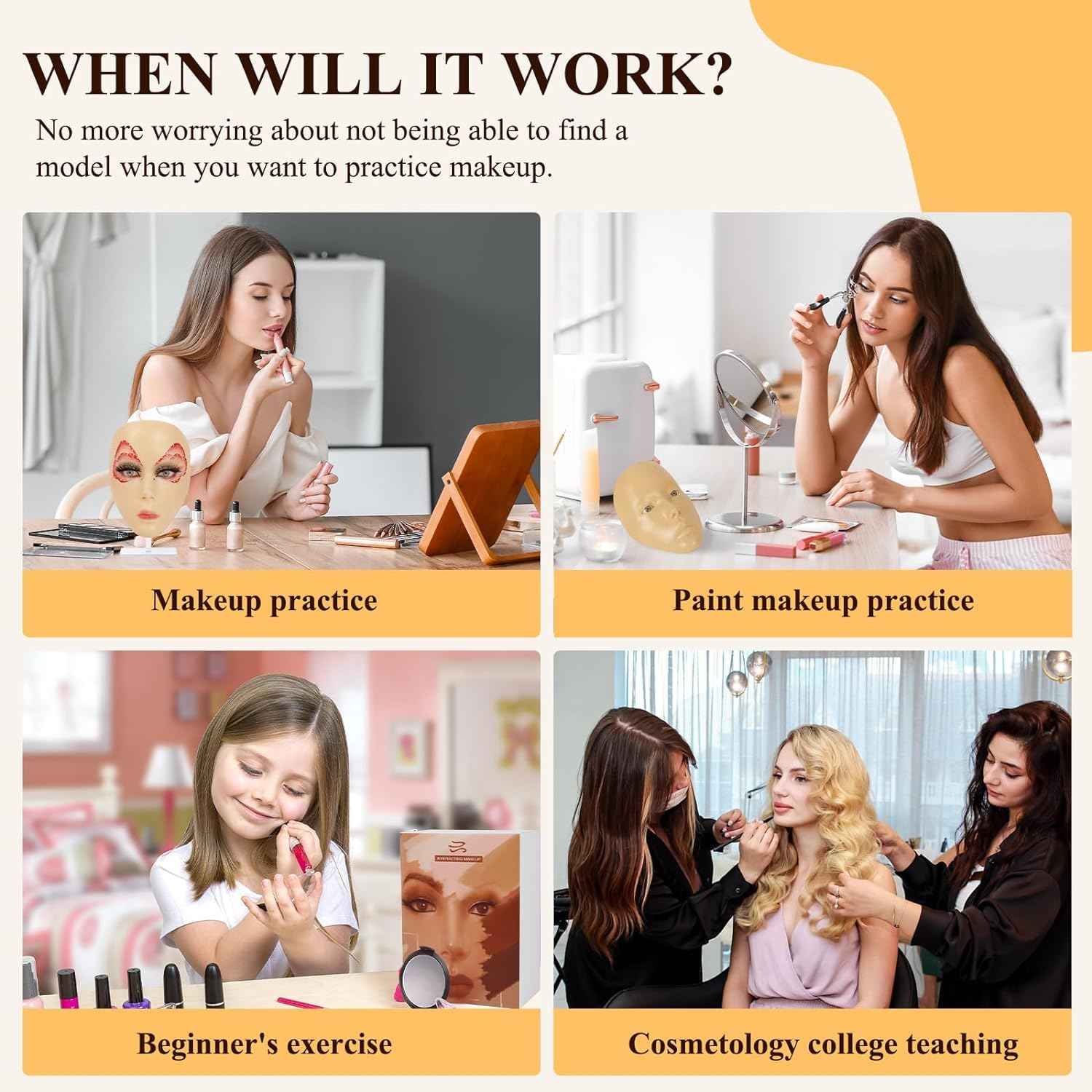 Silicone Makeup Practice Head, Set with Face Painting Mannequin, Brushes and Eyebrow Pen, Ideal Gift for Beginners & Enthusiasts to Improve Makeup Skills, Yellow