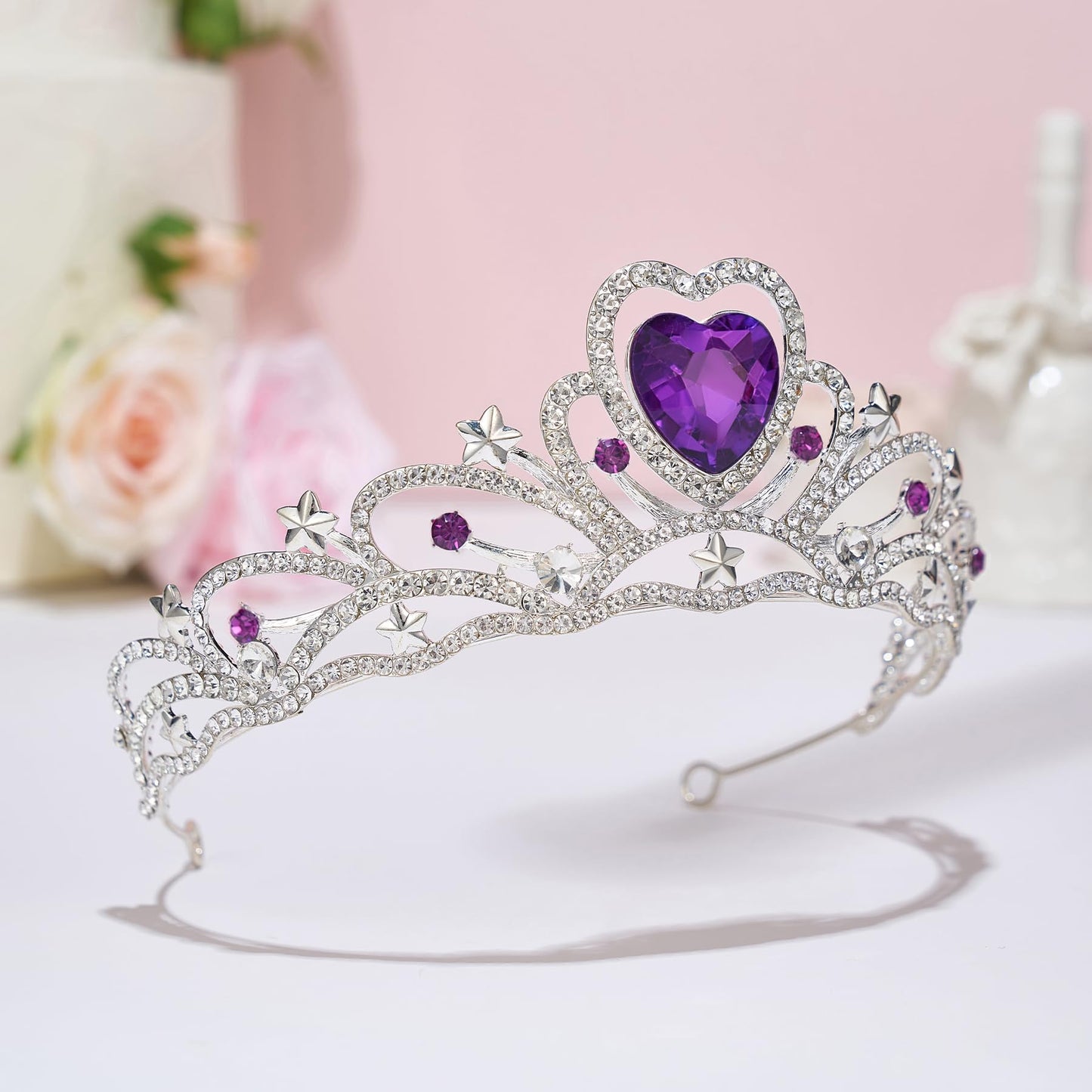 SWEETV Birthday Crowns for Women Girls Birthstone Heart Princess Tiara Silver Wedding Headband for Birth Day Party Photograph, May