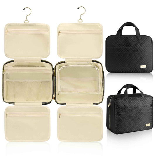 JIECH Hanging Travel Toiletry Bag for Women Detachable Toiletry Bag with 6 Compartments Large Makeup Bag Cosmetic Organizer for Bathroom Shower Business Trips Camping，Black