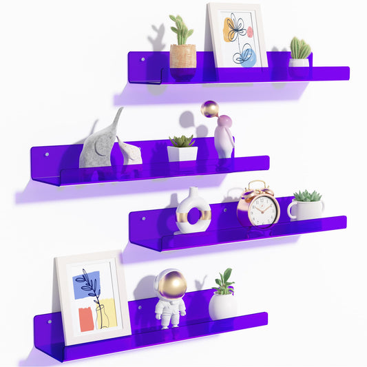 upsimples 4 Pack Acrylic Shelves for Wall Storage, 15" Floating Bookshelves for Kids, Display Shelf Organizer for Bathroom, Bedroom, Living Room, Kitchen, Room Decor, Clear Purple