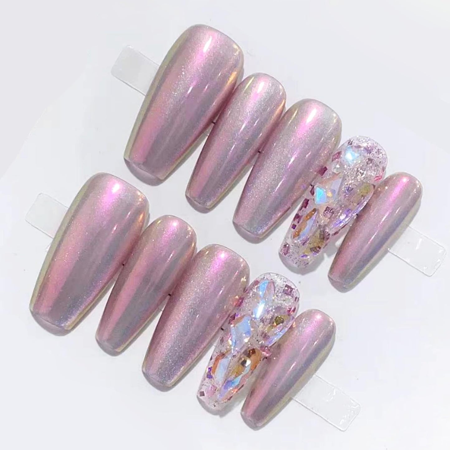 WOMHOPE Press on Nails False Nails Handmade Acrylic Nails for Women and Girls Aurora Power Rhinestone Full Cover 10pcs Almond,Coffin,Oval (Medium Coffin, Large)