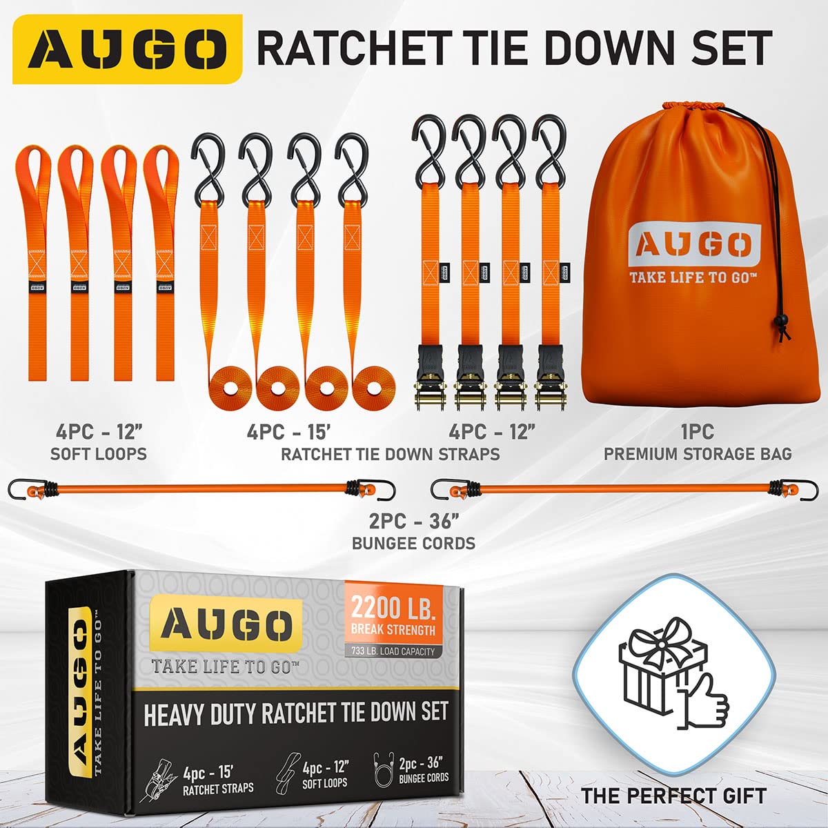 AUGO Ratchet Straps Heavy Duty 4 Pack -15 FT - 2200 LB Break Strength – Ratchet Tie Down Straps with Safety Lock S Hooks - Cargo Straps for Moving, Appliances, Motorcycle – Soft Loop Tie Down Straps