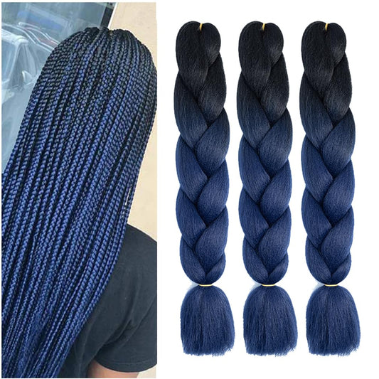 Braiding Hair Ombre Black to Dark Blue Kanekalon Braid Hair Extensions Hot Water Setting High Temperature Synthetic Fiber 24 Inches(B20-3Pack)