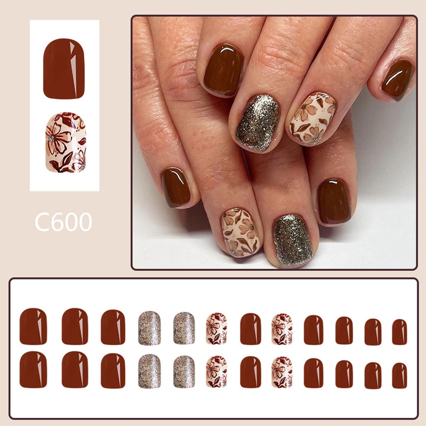 Fall Press on Nails Short Square Fake Nails with Glitter Flower Designs Brown Full Cover Glue on Nails Press ons Acrylic False Nails Glossy Stick on Nails for Women Girls 24 Pcs