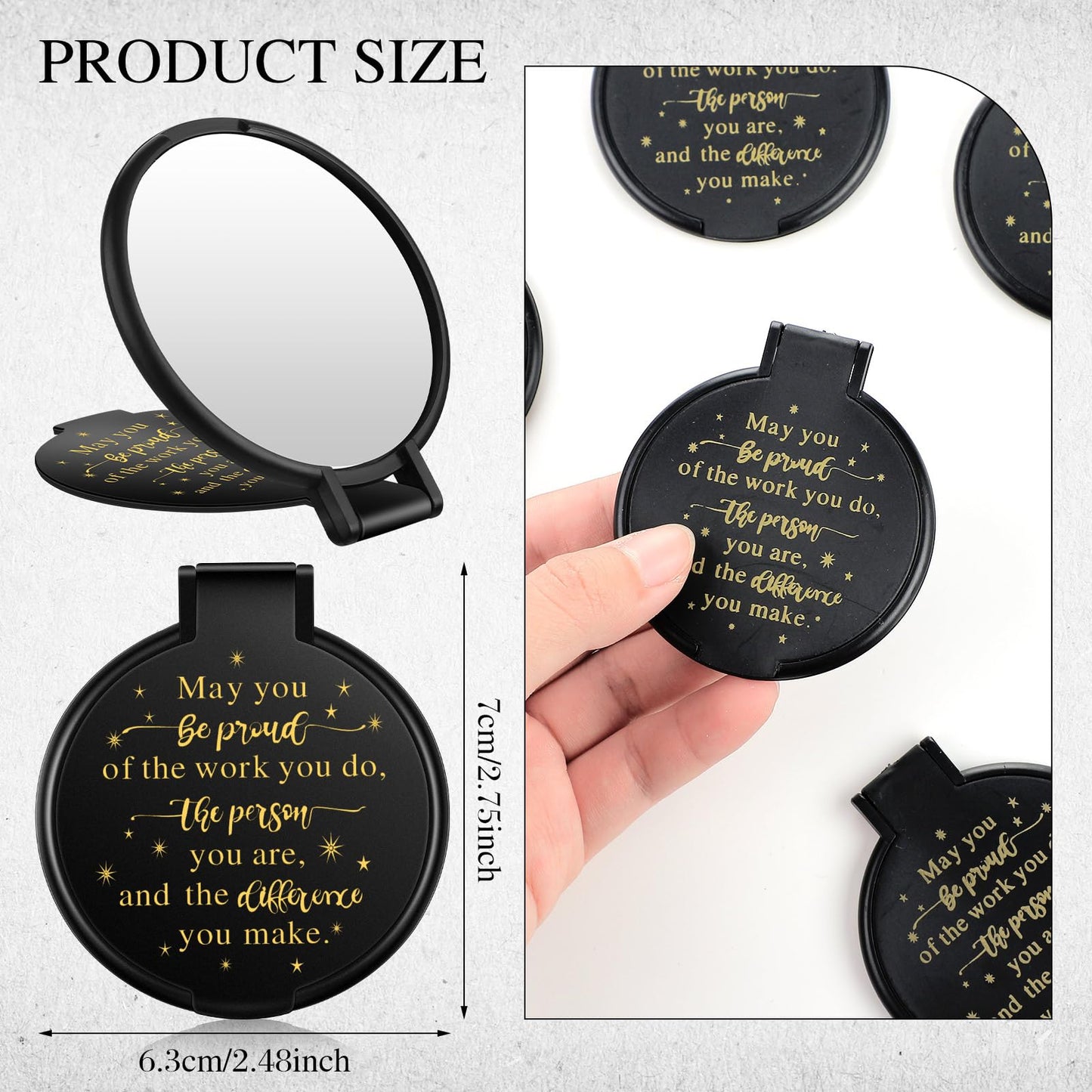 Huwena 100 Pcs Mini Compact Mirrors Bulk Gift for Women 2.8 Inch Inspirational Black Small Pocket Mirror Round Portable Foldable Makeup Purse Employee Appreciation Gift for Coworker Staff Travel