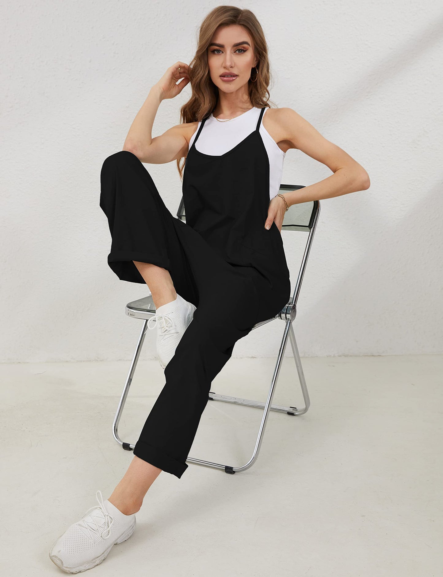 Lentta Women's Causal Jumpsuits V Neck Sleeveless Harem Overalls Stretchy Adjustable Strap Romper with Pockets(Black-S)