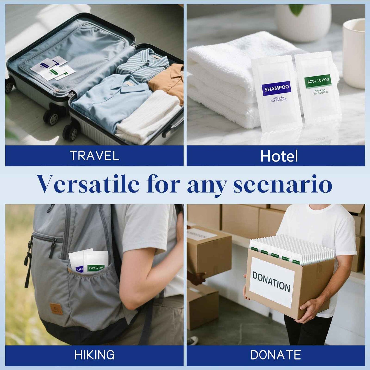 Travel Size Body Wash and Shampoo Bulk,Refreshing White Tea Scent,0.35 fl oz,Individually Wrapped Mini Shower Gel Shampoo Hygiene Kits for Travel/On The Go/Homeless Care/Hotel Guests(Pack of 200)