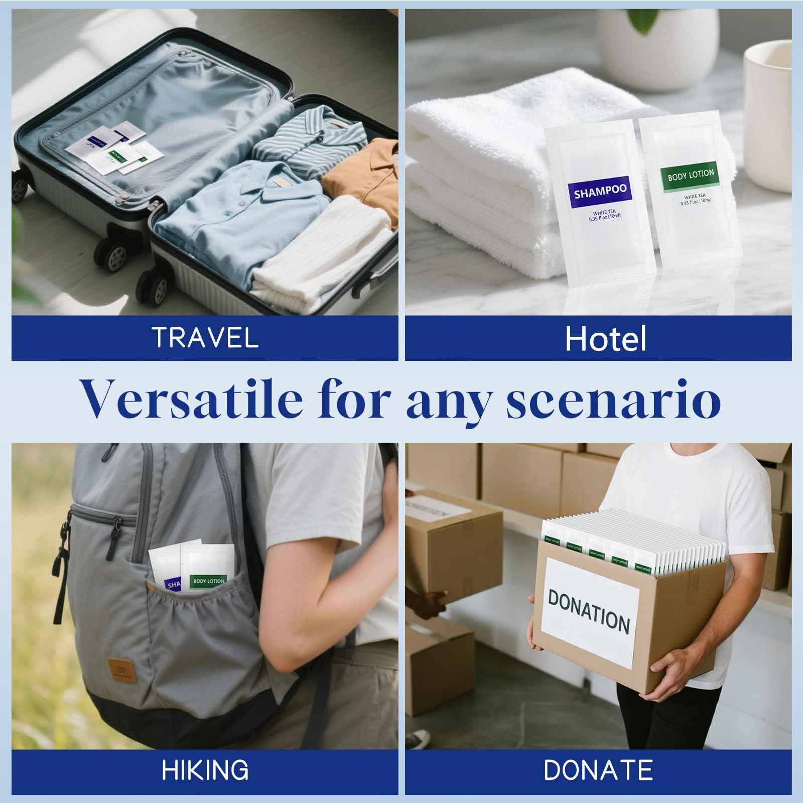 Travel Size Body Wash and Shampoo Bulk,Refreshing White Tea Scent,0.35 fl oz,Individually Wrapped Mini Shower Gel Shampoo Hygiene Kits for Travel/On The Go/Homeless Care/Hotel Guests(Pack of 200)