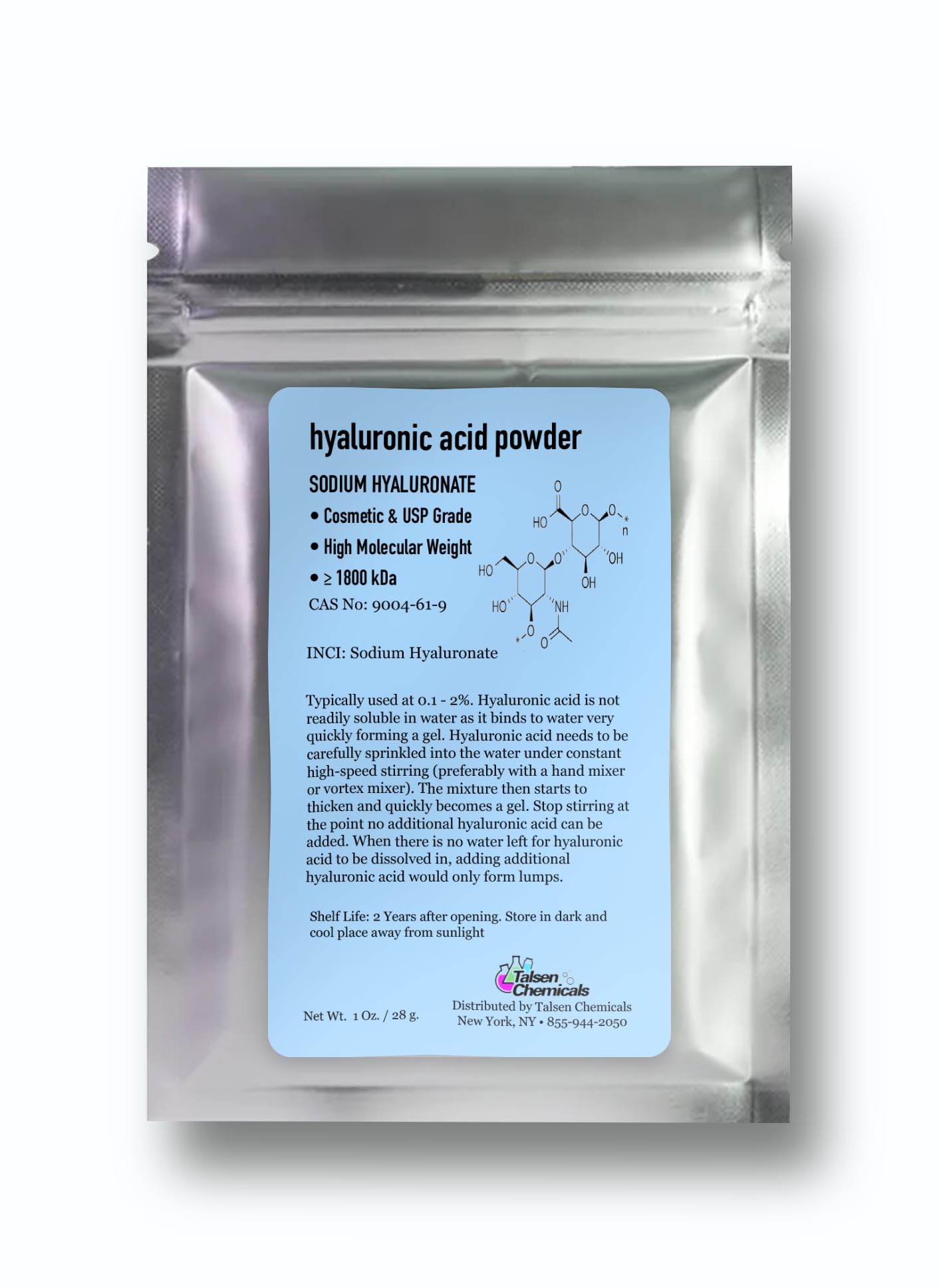 Talsen Chemicals Hyaluronic Acid Powder (1 oz. / 28 grams) 1800 kDa+ Pure Hyaluronic Acid Powder Natural Cosmetic Grade, Hyaluronic Acid High Molecular Weight Powder, DIY Hyaluronic Acid Serums