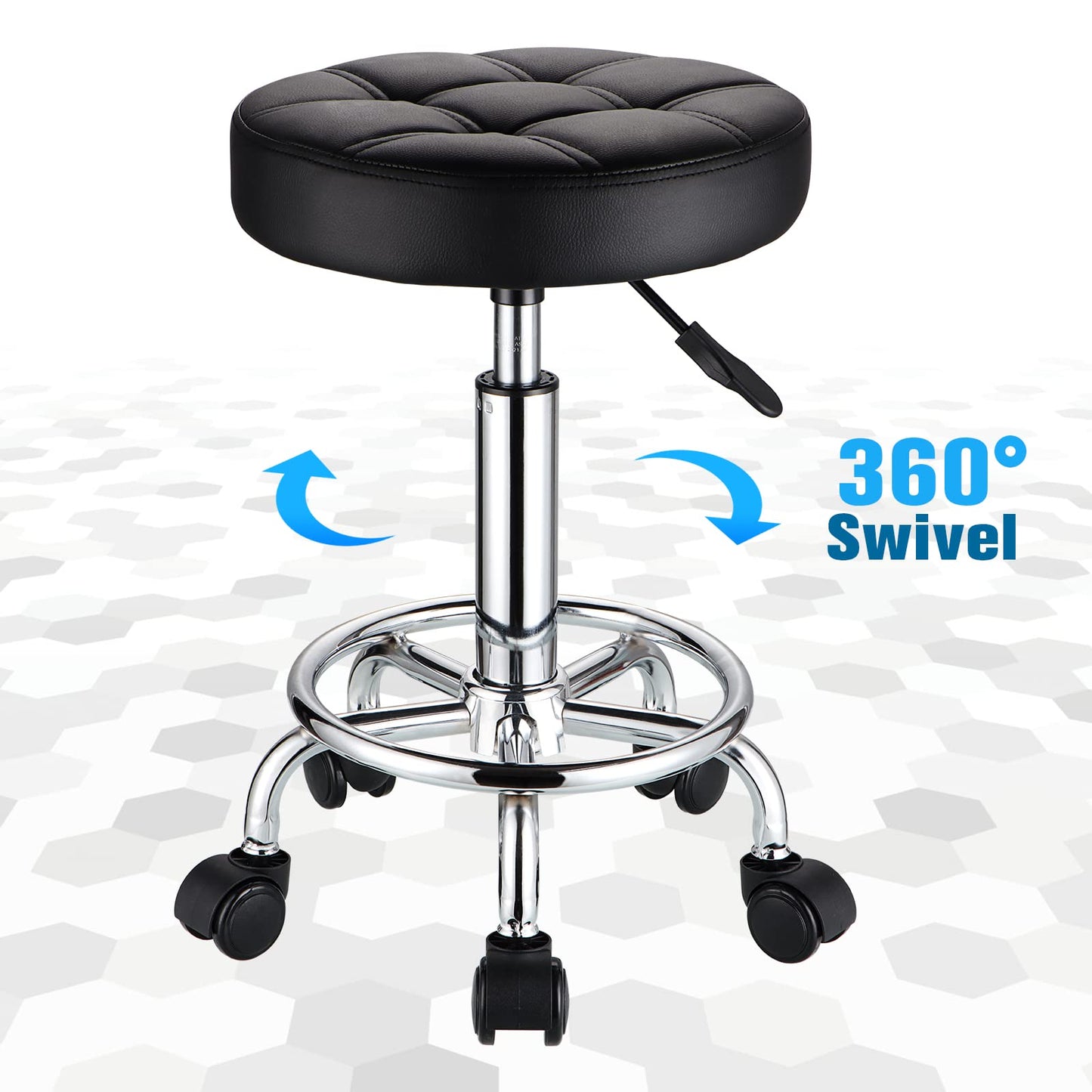 HMTOT Round Rolling Stools PU Leather Seat Height Adjustable Swivel Stool with Wheels Black