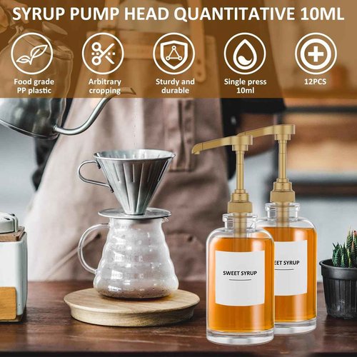 8Pcs Coffee Syrup Pump for 750ml Syrup Bottle Reusable Pump Bottle Dispenser No Dripping Pressed Coffee Syrup Pump Dispenser with 2 Spoons Gold Pump Dispenser Replacement for Tea Coffee