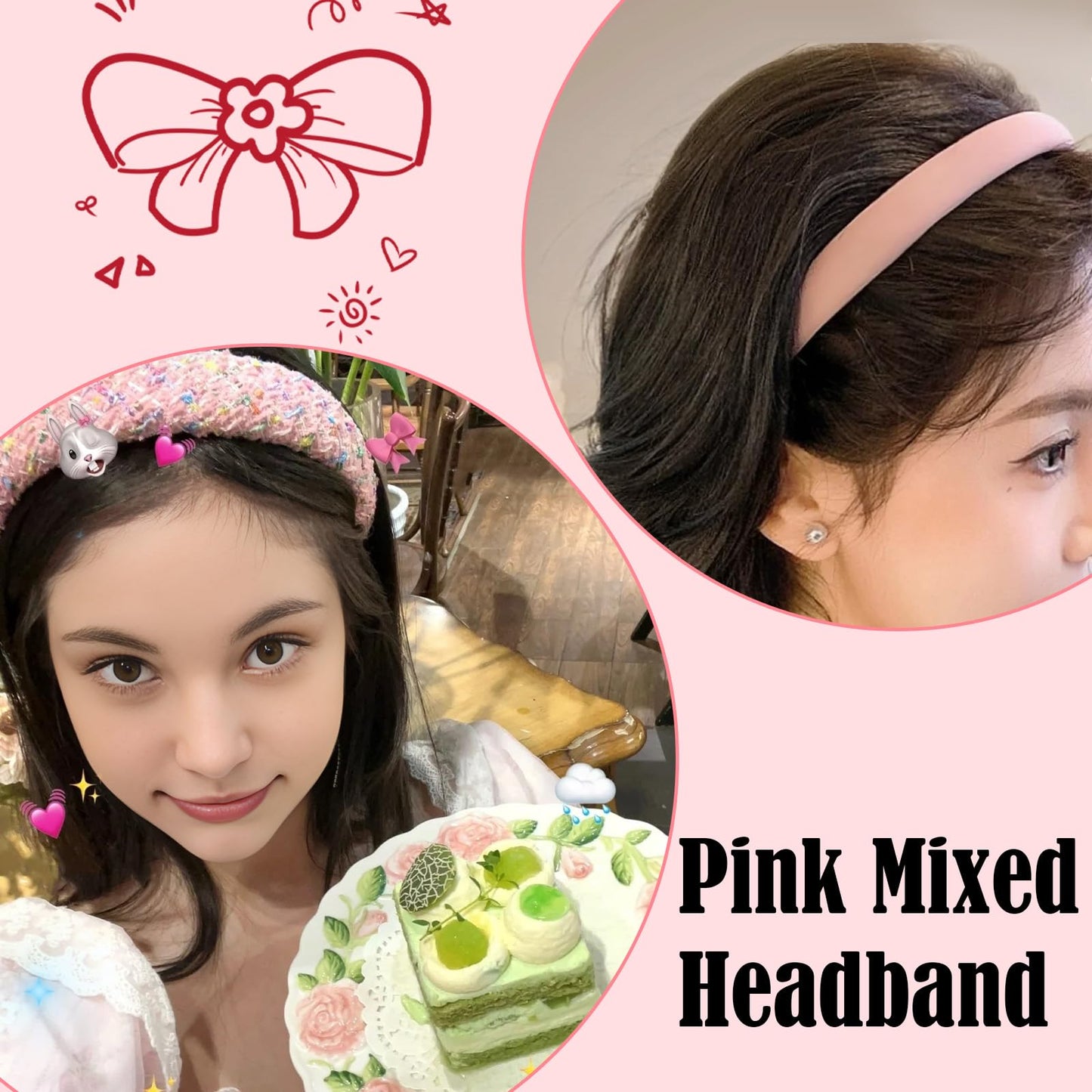 AUDTOPE 5Pcs Headbands for Women Girls, Cute Pearl Headband Padded Headbands for Women's Hair Nonslip Wide Hair Band Hoops Fashion Hair Accessories for Women Birthday Gifts (Pink)