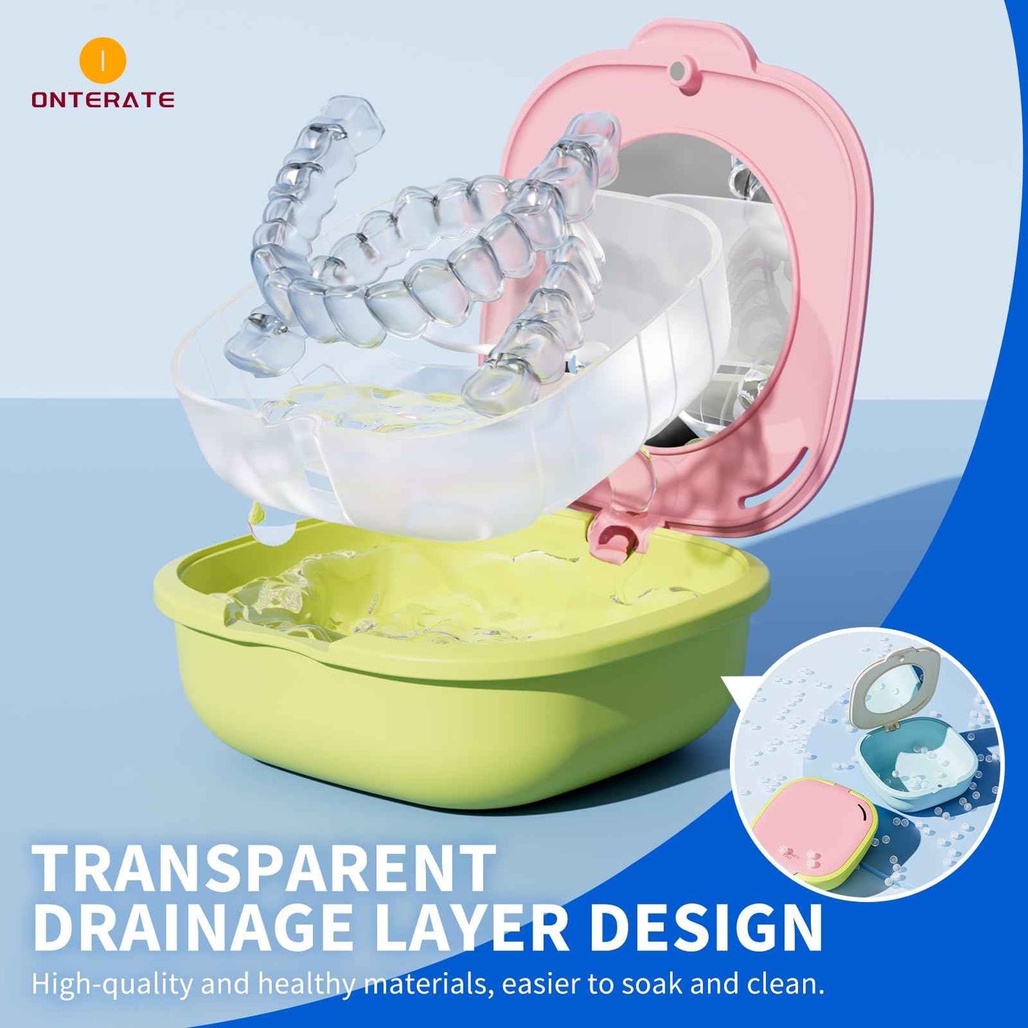 ONTERATE Magnetic Retainer Box with Mirror, Compact Denture Case with Vent Holes & Retainer Remover Tool & Chewies & Brush, Protable Aligner Cleaner Case for Night Mouth Guards, Braces (Pink Green)