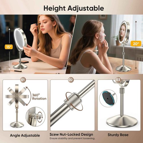 8.7" Double Sided Vanity Mirror with Lights, Height & Brightness Adjustable, Rechargeable 4000mAh Lighted Makeup Mirror with 1X/10X HD Magnifying,88 High-CRI LEDs, 3 Color Dimmable Lights, 360° Swivel