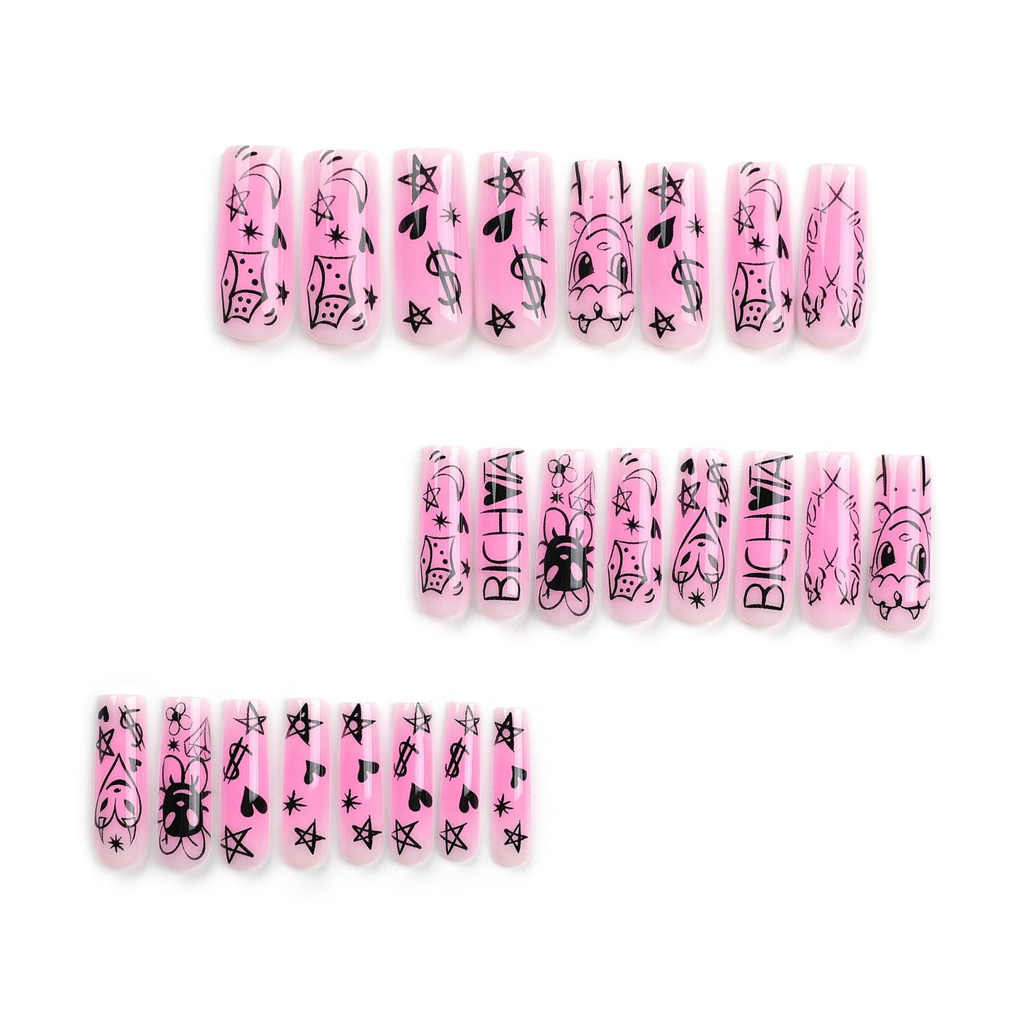 RTKHFZE Valentines Long Press on Nails Square Fake Nails Girly Pink Full Cover Acrylic Nails with Cute Stars Moon Designs Artificial False Nails 24Pcs Extra long Stick on Nails for Women Manicure