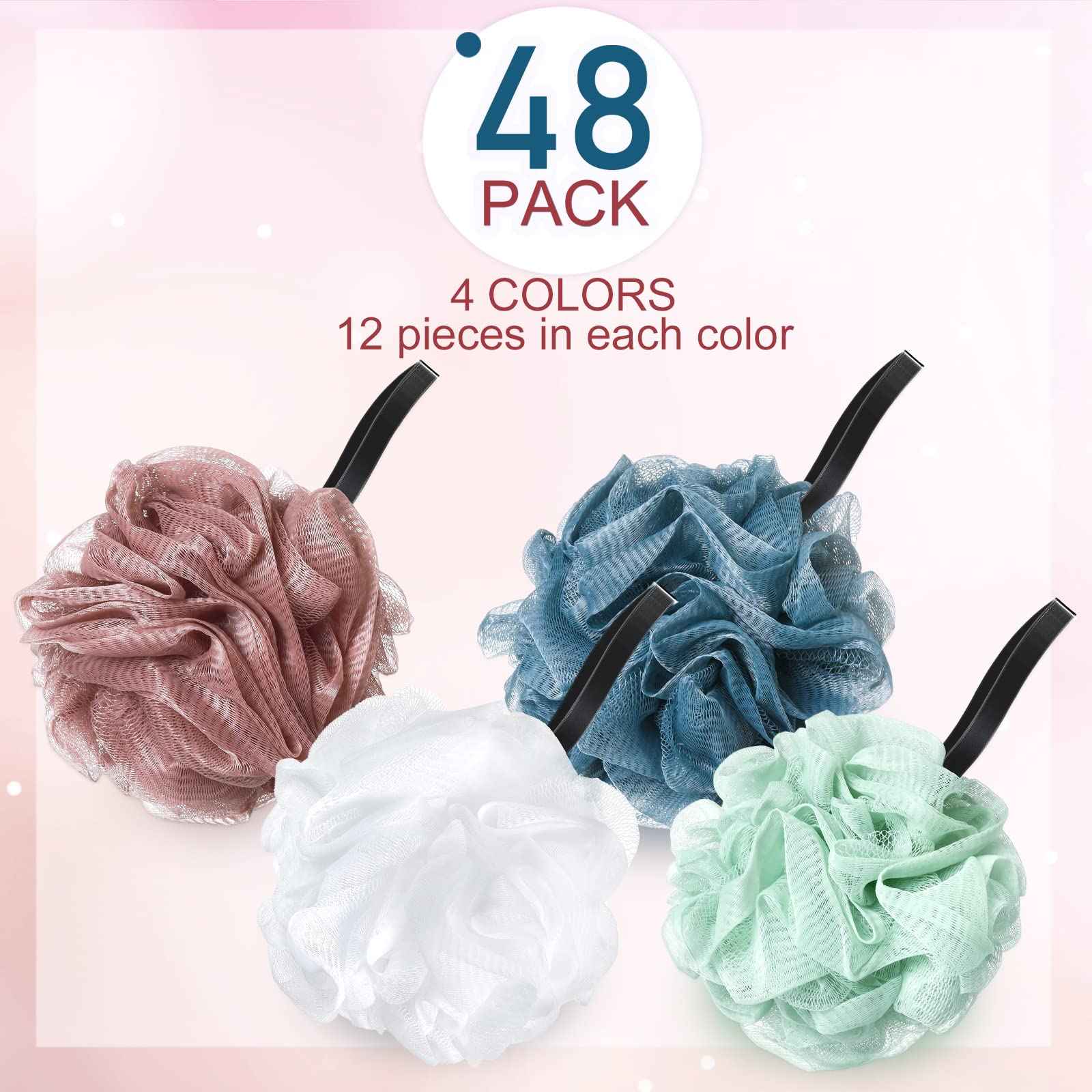 Shellwei 48 Pack Bath Sponge Shower Loofahs Bulk Pack 50g Soft Net Body Scrubber Shower Pouf Sponge Ball Body Exfoliating Bath Scrunchies for Men and Women