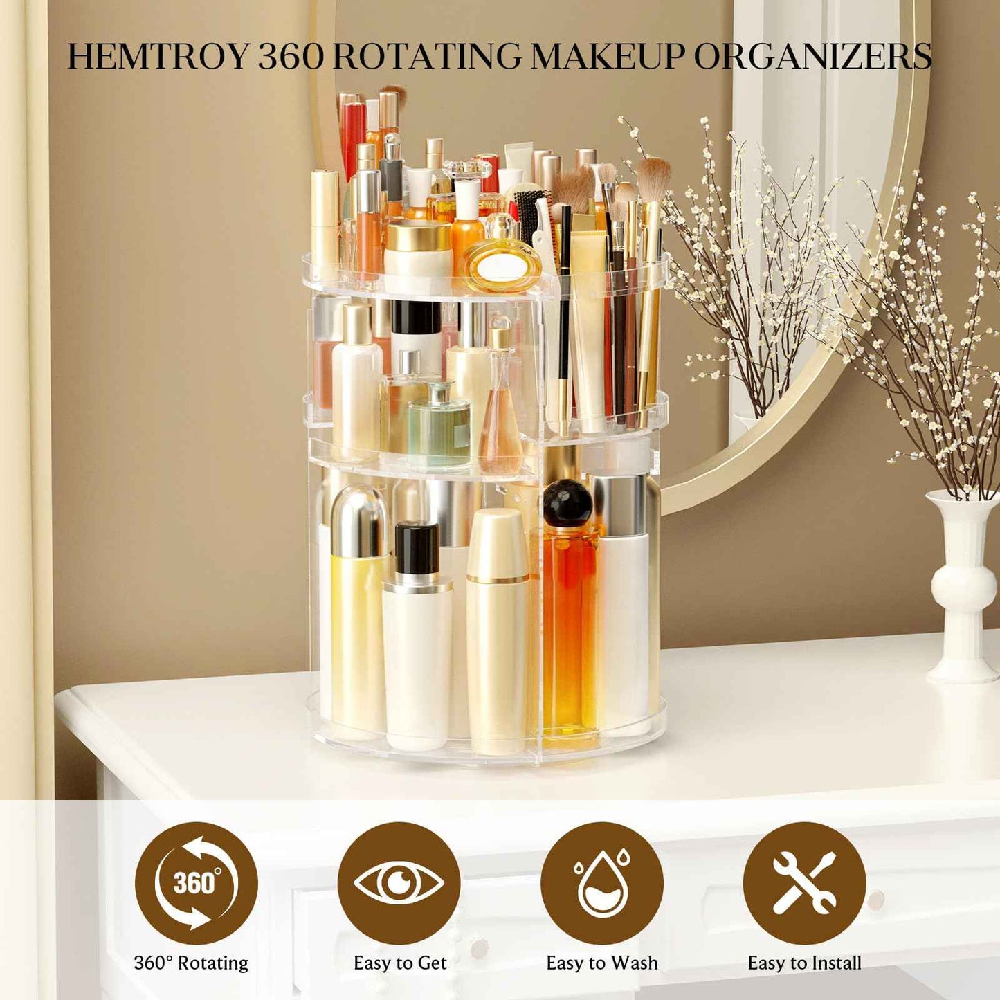 HEMTROY Makeup Organizer 360 rotating, Adjustable Skincare Organizer with Brush Holder, Cosmetics Display Cases for Vanity Bathroom Countertop Large Capacity Carousel Make up Caddy Shelf (Transparent)