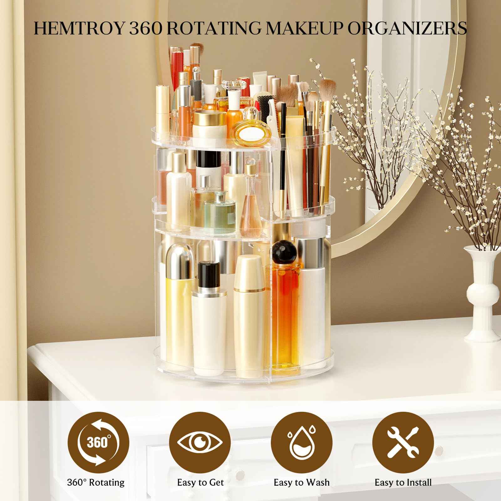 HEMTROY Makeup Organizer 360 rotating, Adjustable Skincare Organizer with Brush Holder, Cosmetics Display Cases for Vanity Bathroom Countertop Large Capacity Carousel Make up Caddy Shelf (Transparent)