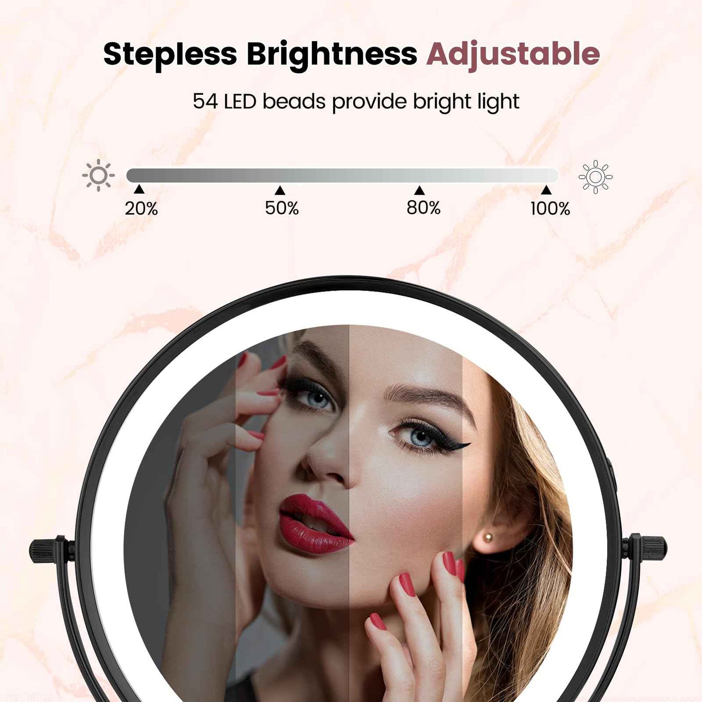 AumVum 8" Vanity Mirror with Lights Rechargeable, 1X/10X Magnifying Makeup Mirror with Touch Screen, 54 LED Adjustable Brightness, 3 Color Modes, 360° Rotation for Tabletop & Bedroom