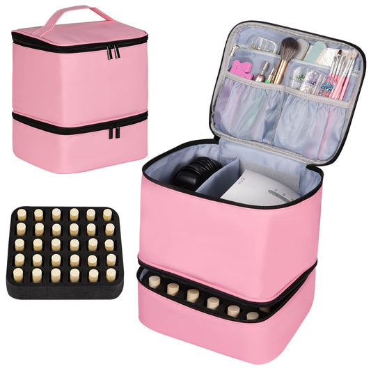 TDIFFUN Nail Polish Organizer and Nail Dryer Case, Double-Layer Storage Holds 30 Bottles (15ml/0.5 fl.oz) and 1 Led Nail Lamp, Travel Carrying Case for Nail Polish Kit Set (Pink)