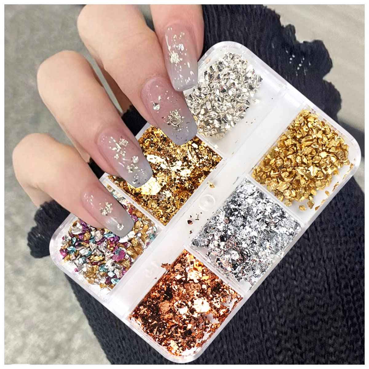 6 Grids Metallic Nail Art Foil Flakes, Gold Nail Glitter, Holographic Sequins, 3D Sparkly Aluminum Foil, Silver Nail Supplies for Women Girls