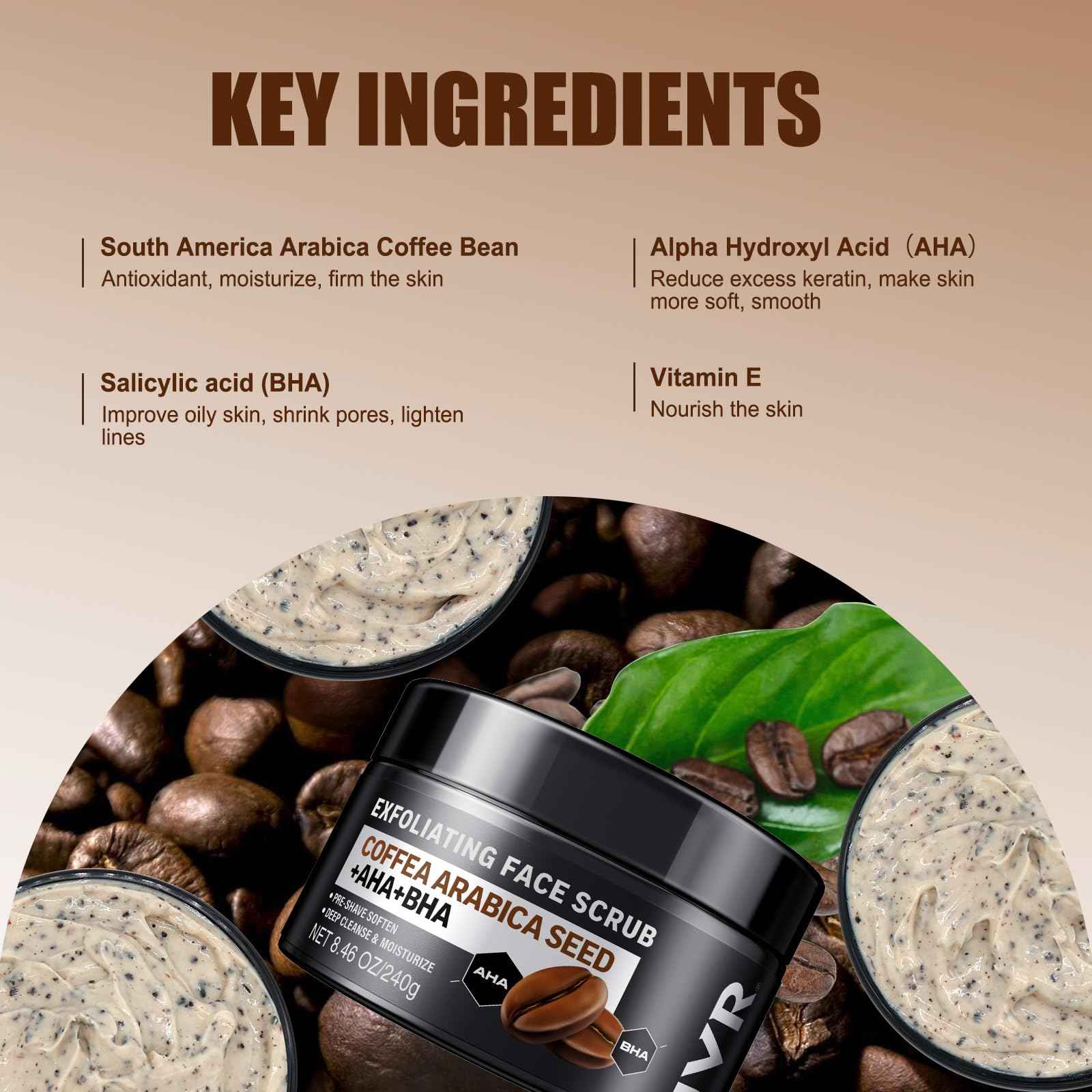 Face Scrub for Men, Facial Scrub for Deep Exfoliating, Cleansing, Removing Blackheads, Ingrown Hairs, Pre-shave Soften, Organic Formulated with Coffee Extract, AHA and BHA Face Exfoliator (8.46 oz)