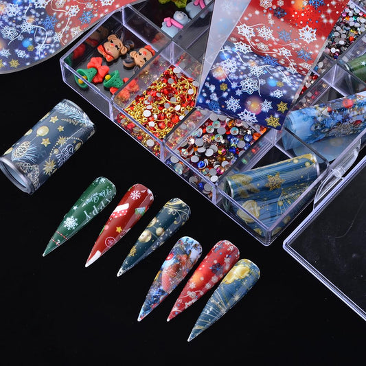 WEILUSI Christmas Nail Art Rhinestones Christmas Resin Nail Charms Nail Foil Sequins 3D Reindeer Socks Bell Christmas Tree Design for Nails Art Gems DIY Crafts Decoration with Wax Pen & Tweezer