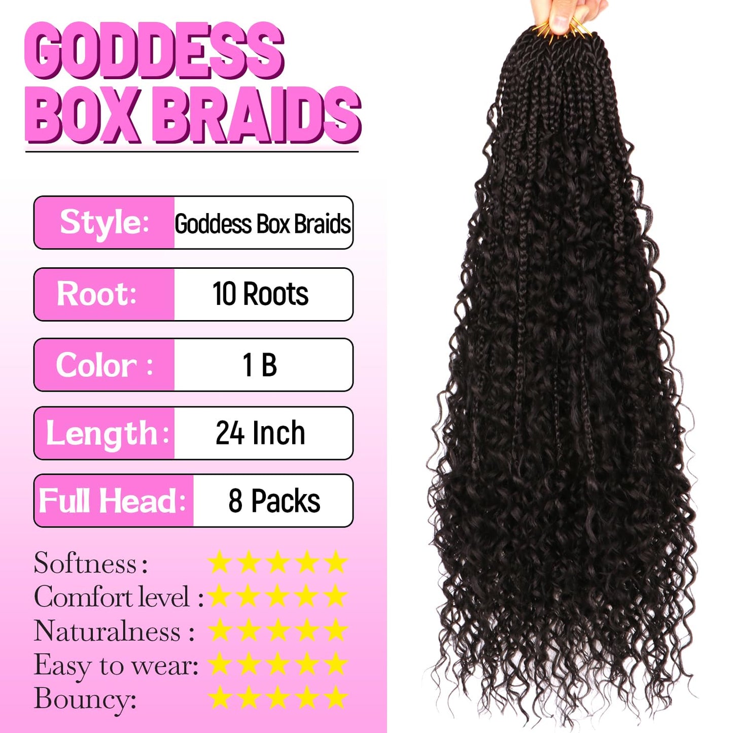 Goddess Boho Box Braids Crochet Hair-8 Packs 24 Inch Crochet Box Braids for Black Women Pre Looped (1B#, 24 Inch(Pack of 8))