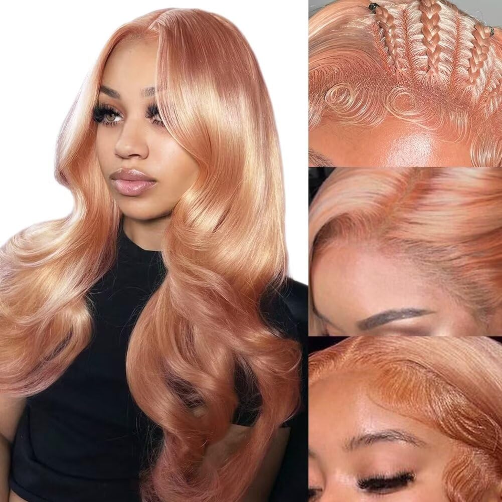 SFD Pink Blonde Lace Front Wig Human Hair 13x4 HD Lace Rose Gold Human Hair Wigs Pre Plucked Peachy Blonde Colored Wig Human Hair For Women 150% Density Body Wave Lace Front Wig 24 Inch