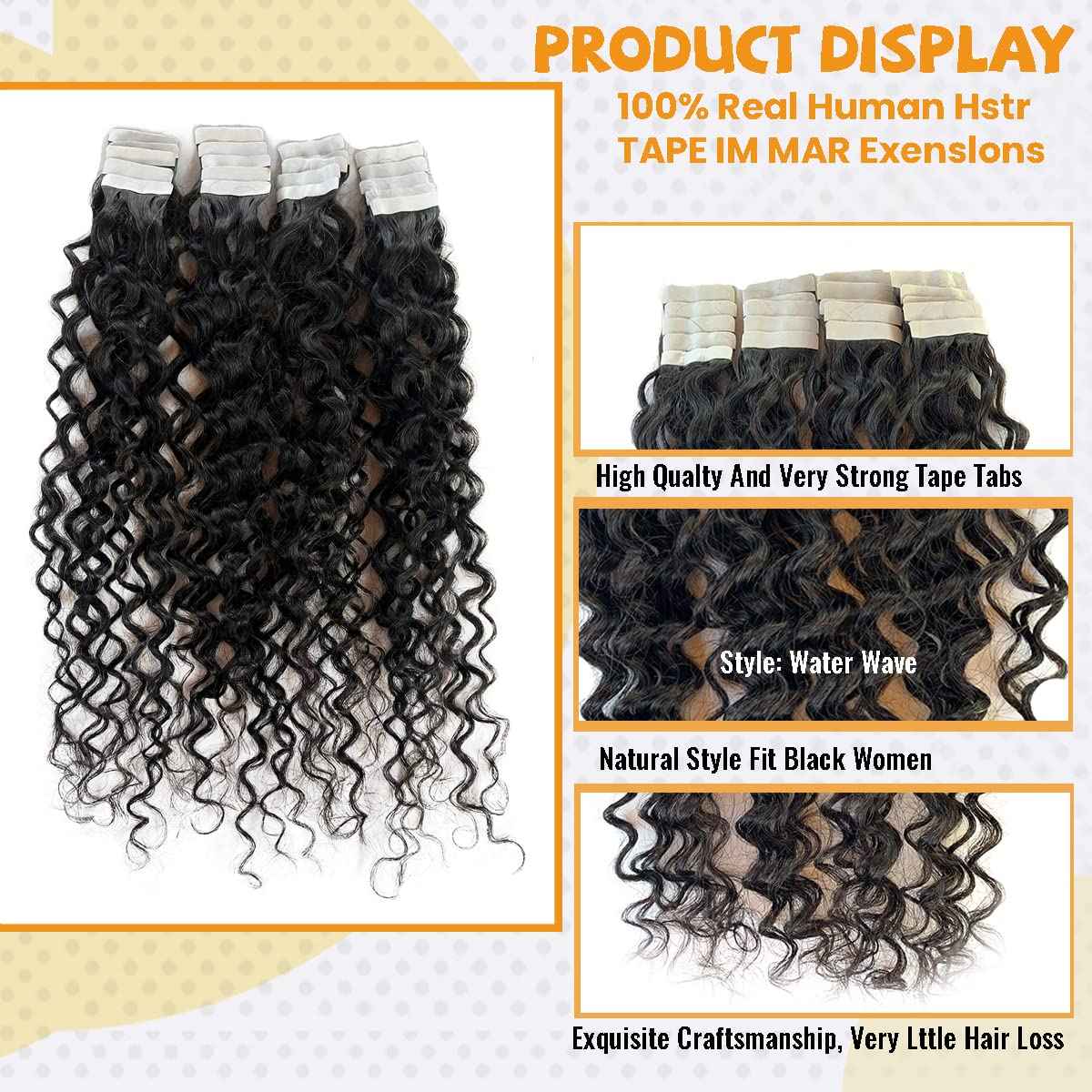Water Wave Tape in Human Hair Extension for Black Women,9A Brazilian Human Hair Adhesive Tape in Hair Loose Wave Skin Weft Tape ins Human Hair Extension Full Ends 20PCS 50G(16inch #Natural Black)